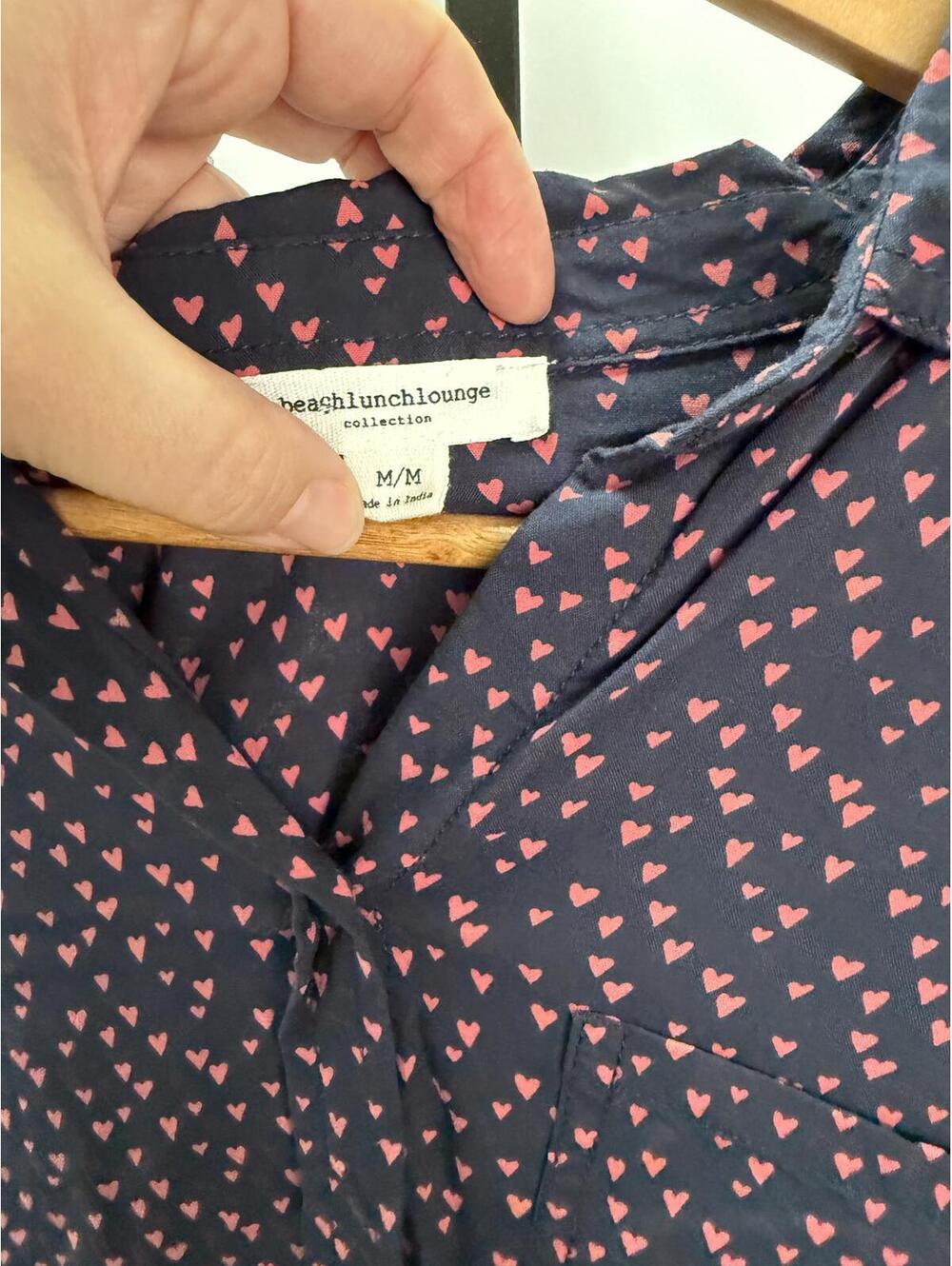 beachlunchlounge Women's Navy Blue Long Sleeve Blouse with Red Heart Pattern M - Picture 5 of 6